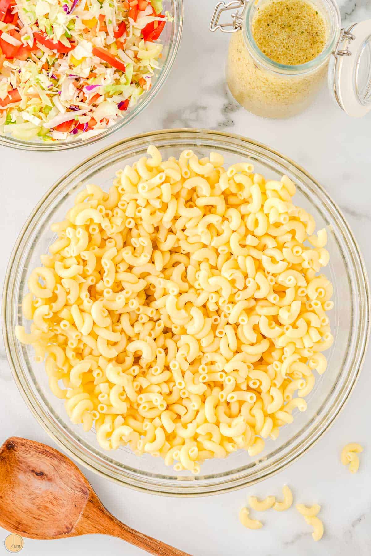 basic macaroni salad starts with cooked macaroni