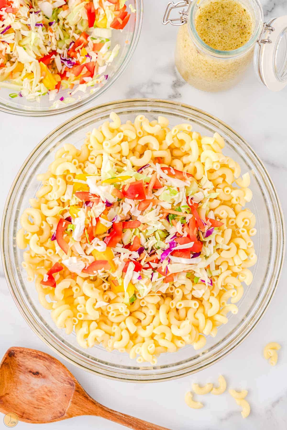 a classic pasta salad with pre-prepped veggie mix