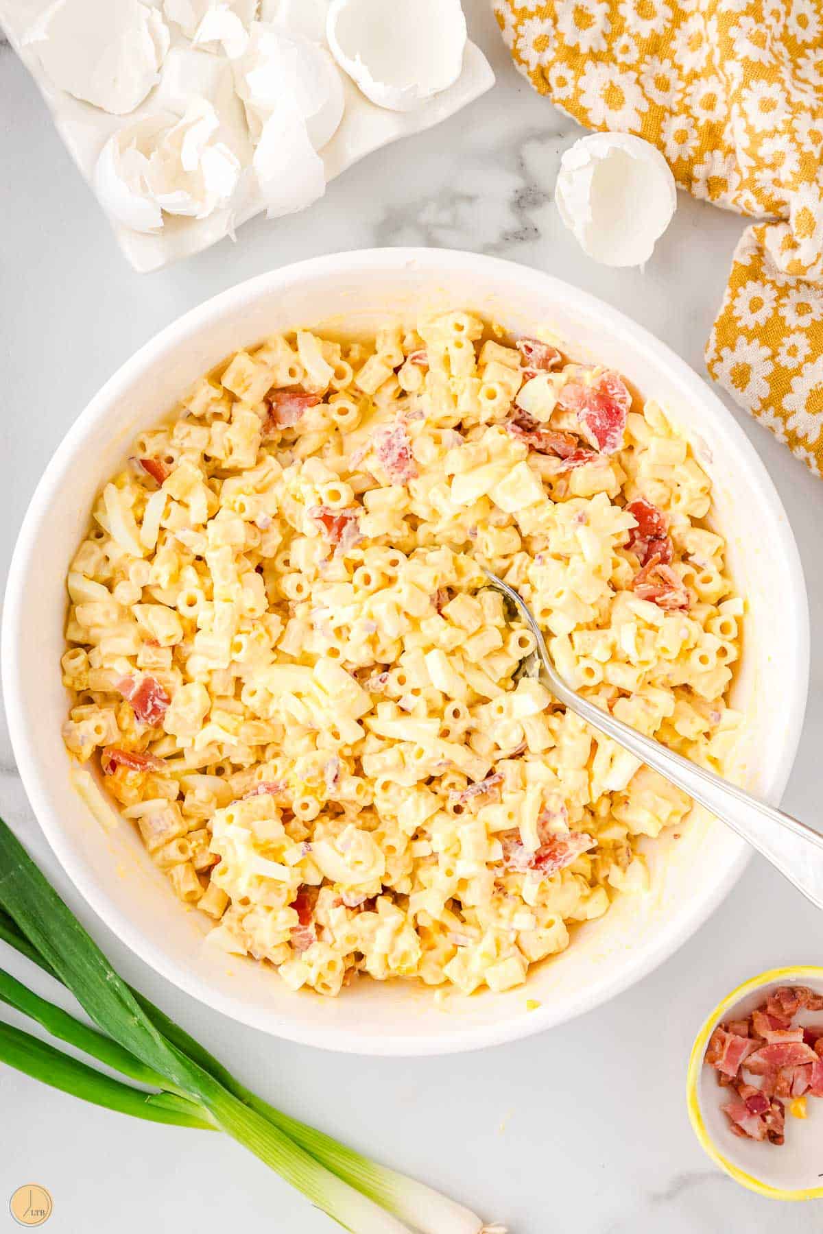 bowl of deviled egg pasta salad