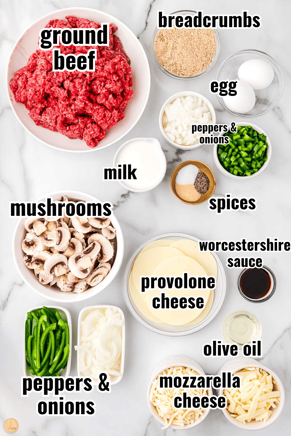 simple ingredients like garlic powder worcestershire sauce and ground beef in white bowls
