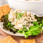 dill pickle chicken salad on lettuce leaf