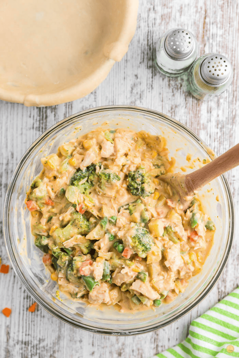 chicken pot pie filling in a bowl