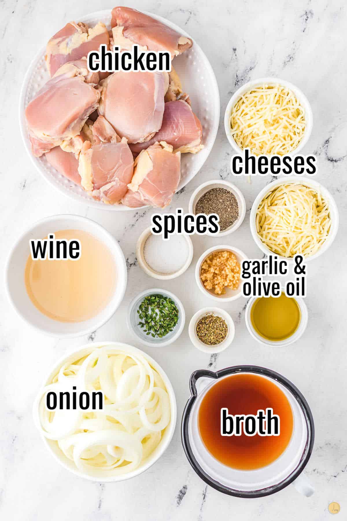 labeled ingredients for a chicken recipe