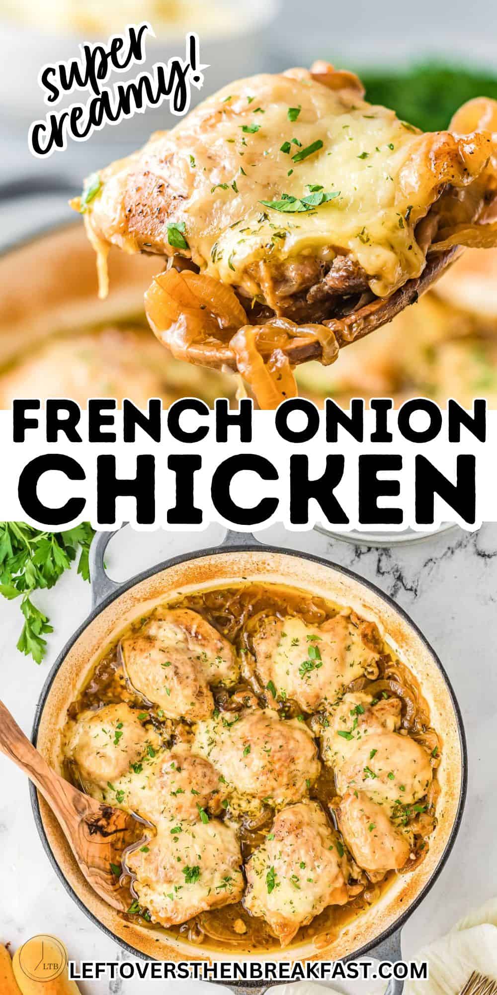 collage of french onion chicken in a skillet pictures