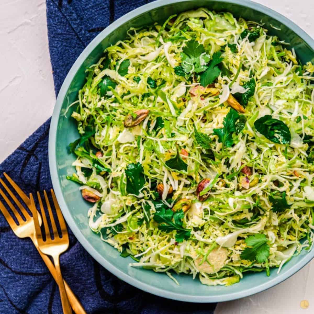 bowl of slaw made with brussels sprouts