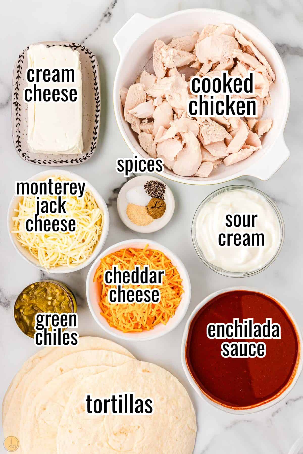 ingredients for an easy chicken enchilada recipe including a can of enchilada sauce.