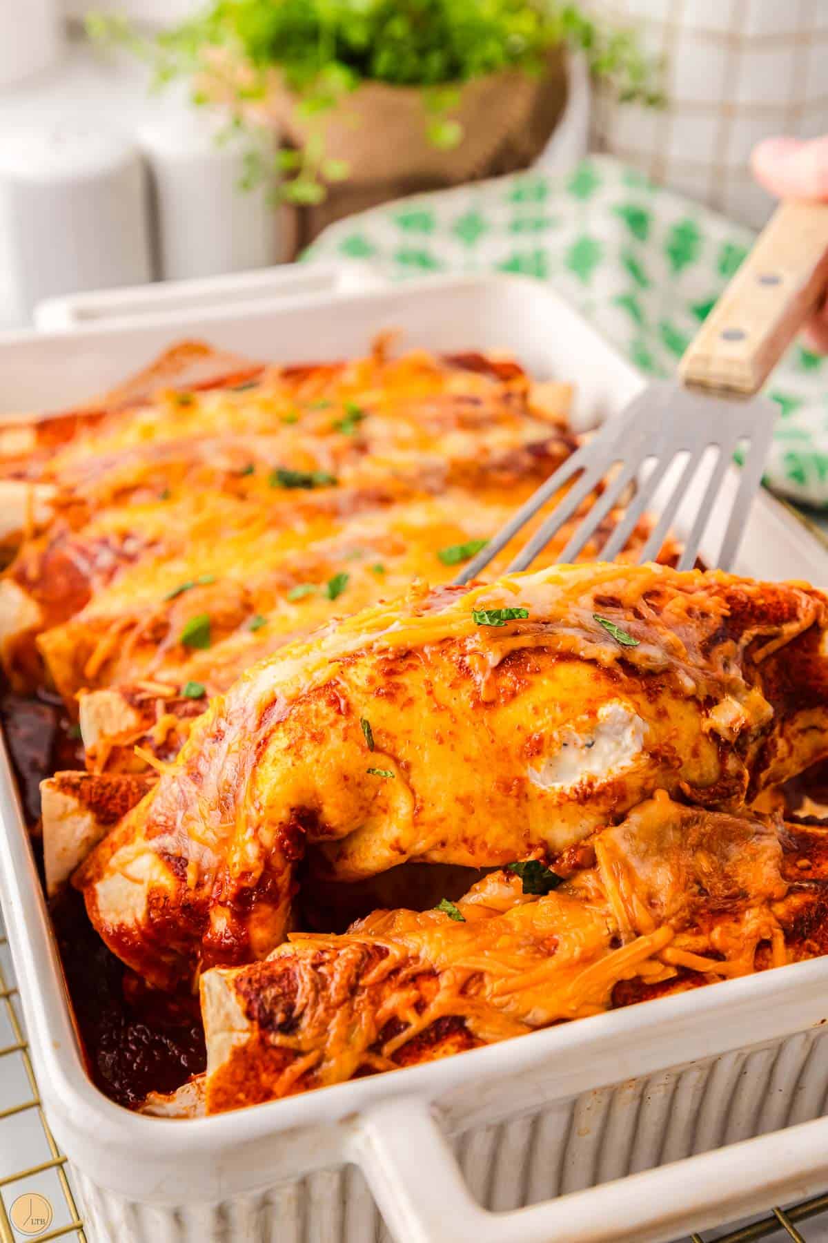 spatula scooping out the best enchiladas