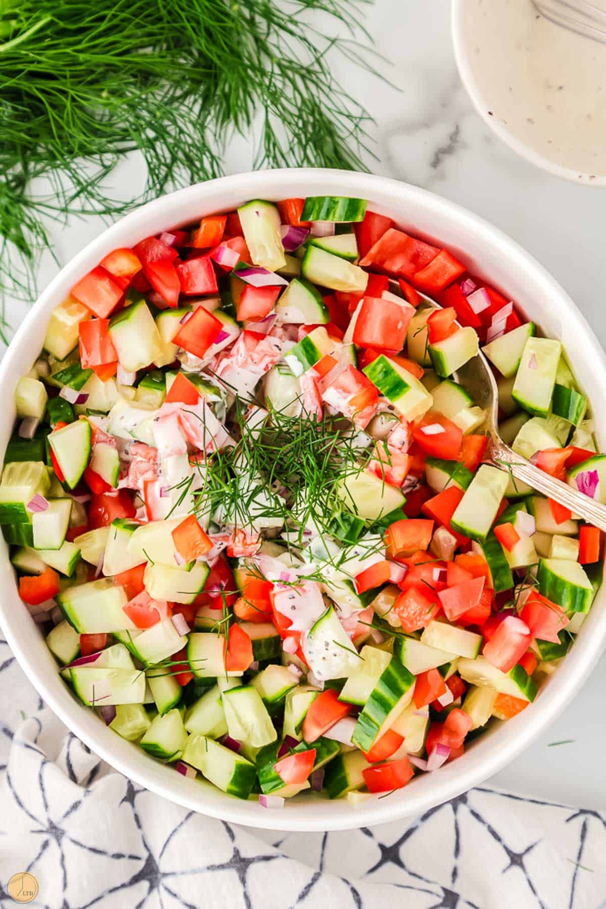 diced veggies in a bowl with chopped dill on top