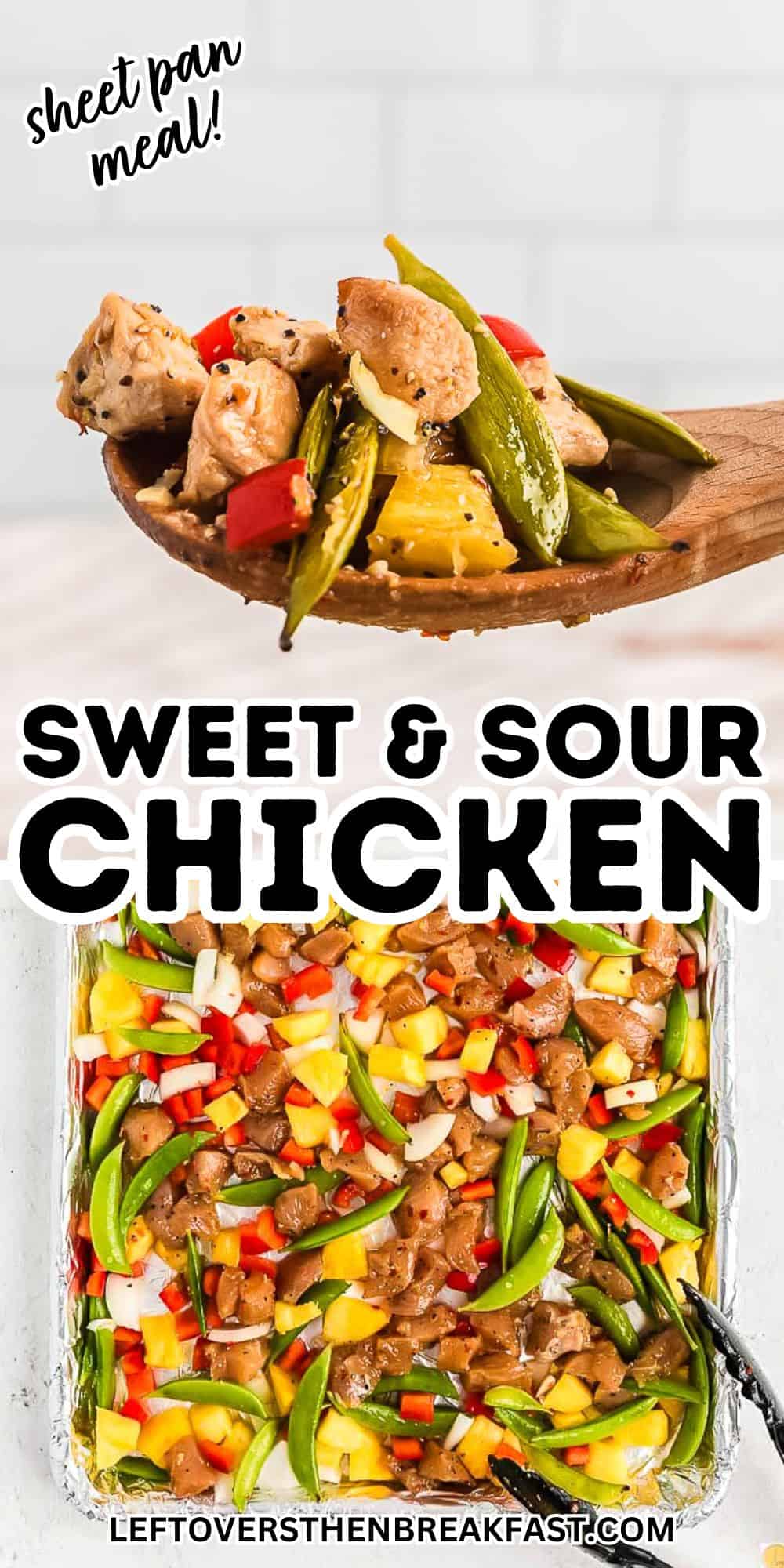 collage of sheet pan sweet and sour chicken meal