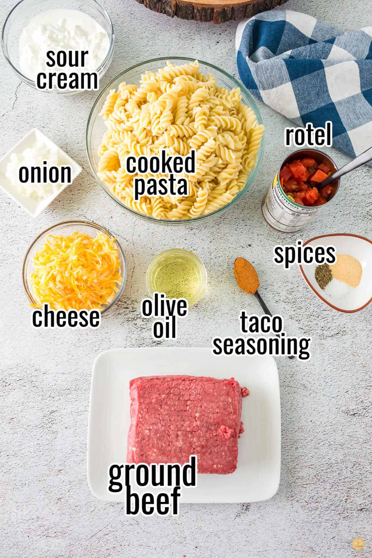 labeled ingredients for taco pasta skillet meal