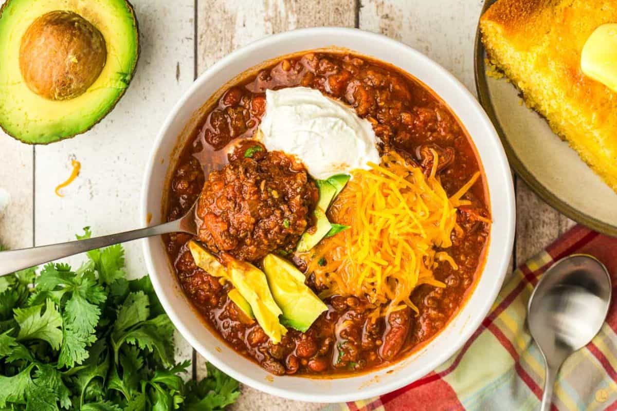 bowl of chili with a spoon