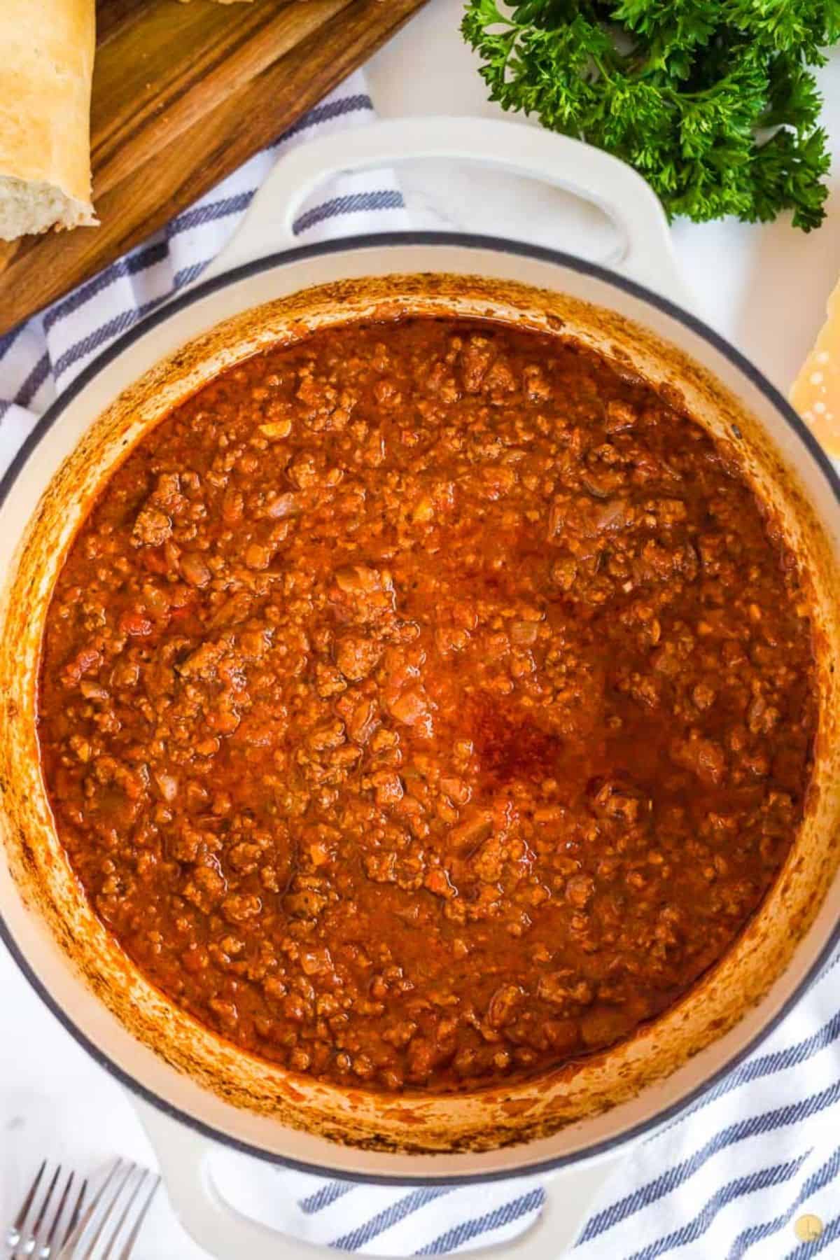 pot of meat sauce baking in the oven