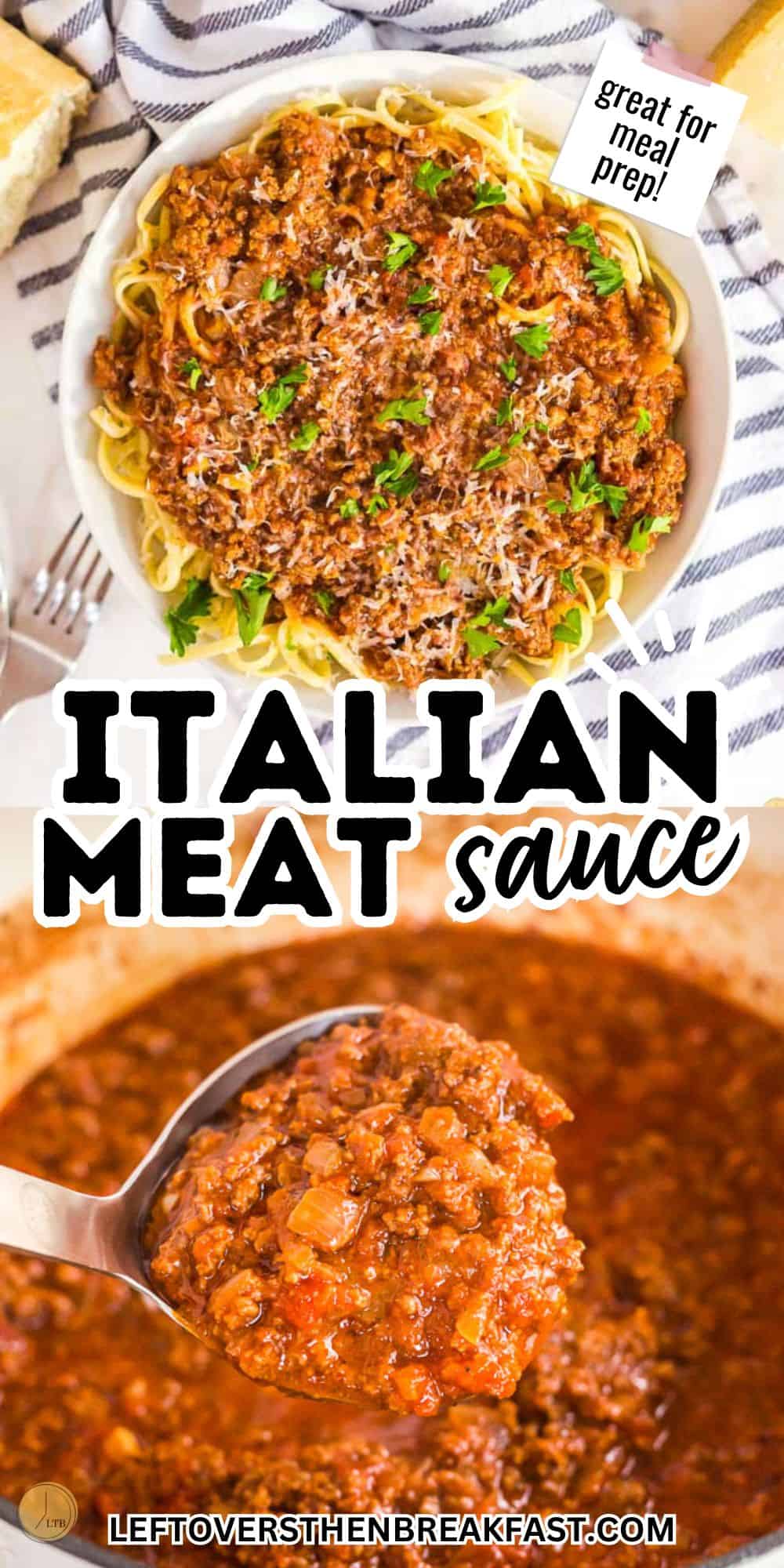 pinterest pin image of a collage of meat sauce pictures