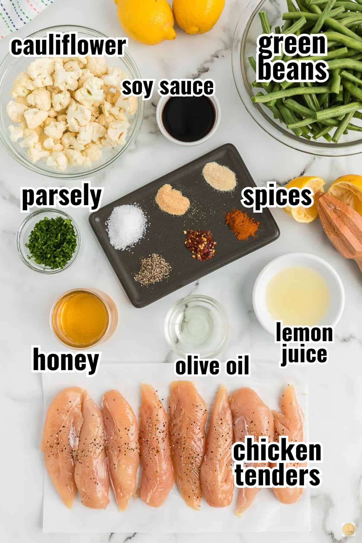 simple ingredients labeled for a sheet pan meal