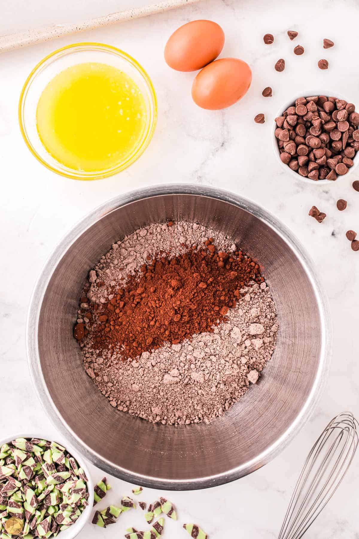 cake mix and cocoa powder in a bowl