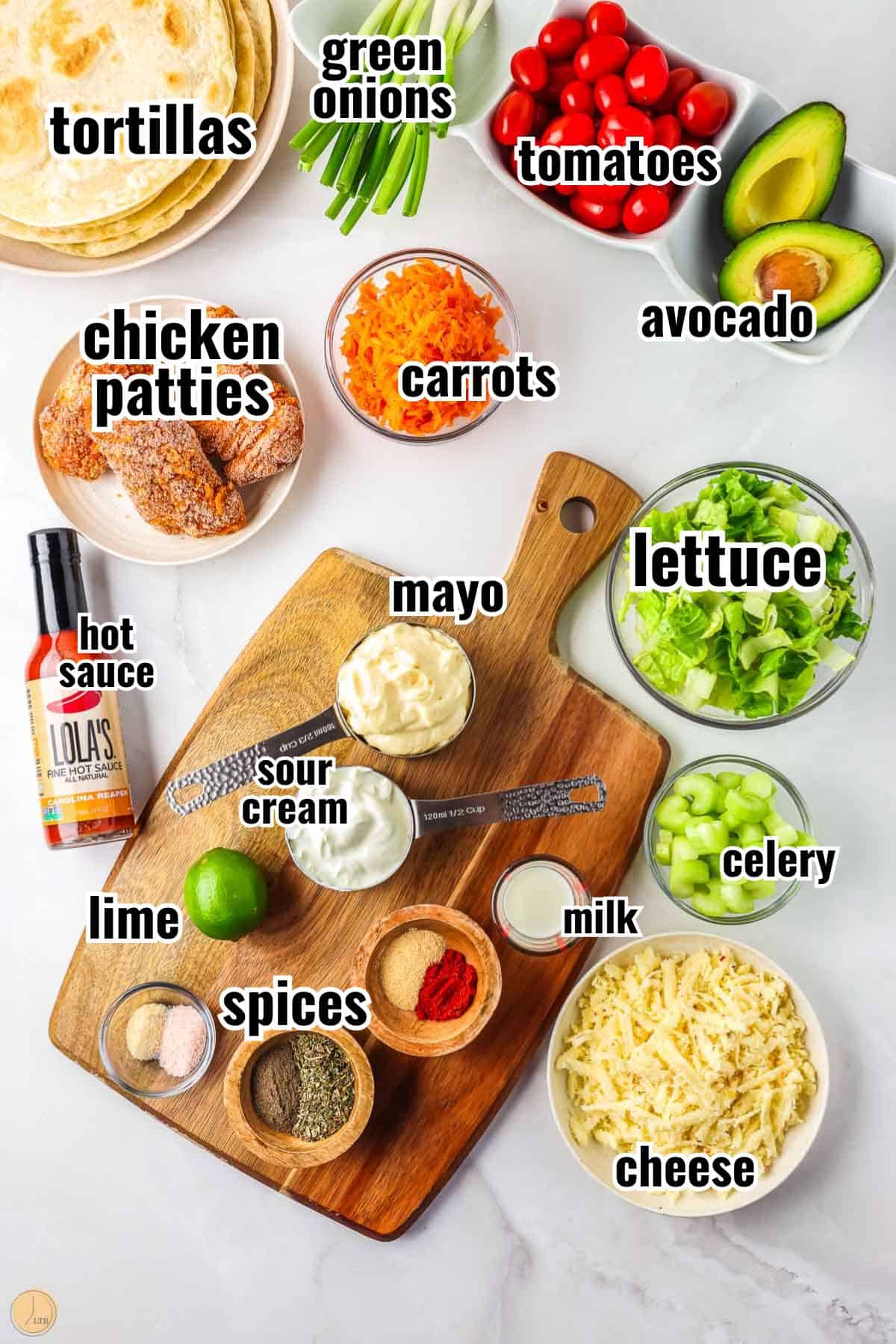 labeled ingredients for chicken wraps with buffalo sauce