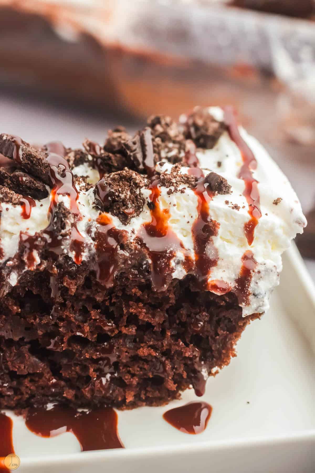 close up of side of poke cake slice with chocolate syrup on top