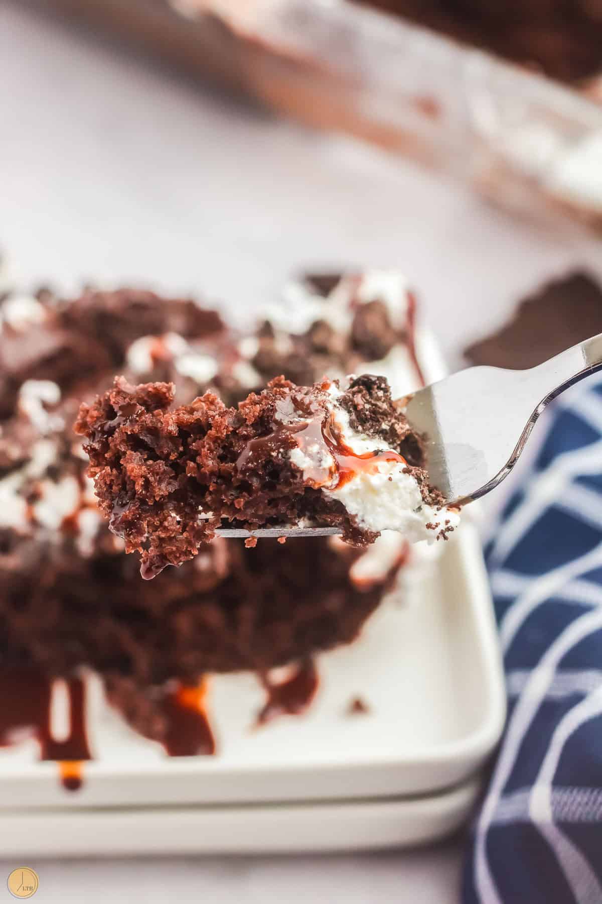 hand holding a fork with a piece of cake on it