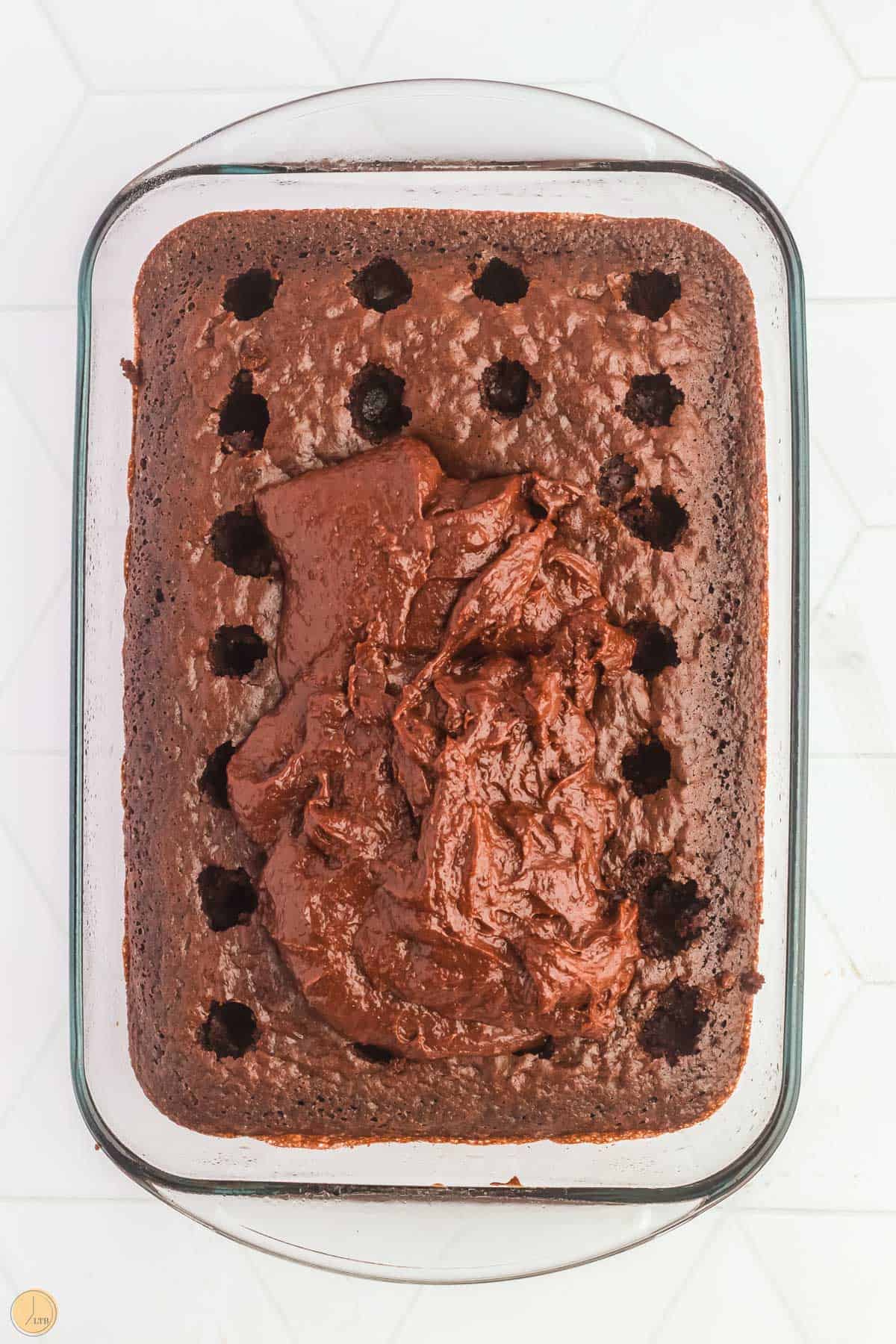 baked cake with holes poked in it