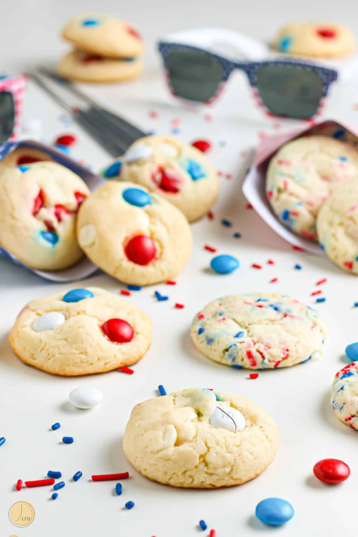 close up of cake mix cookies on a board with sunglasses