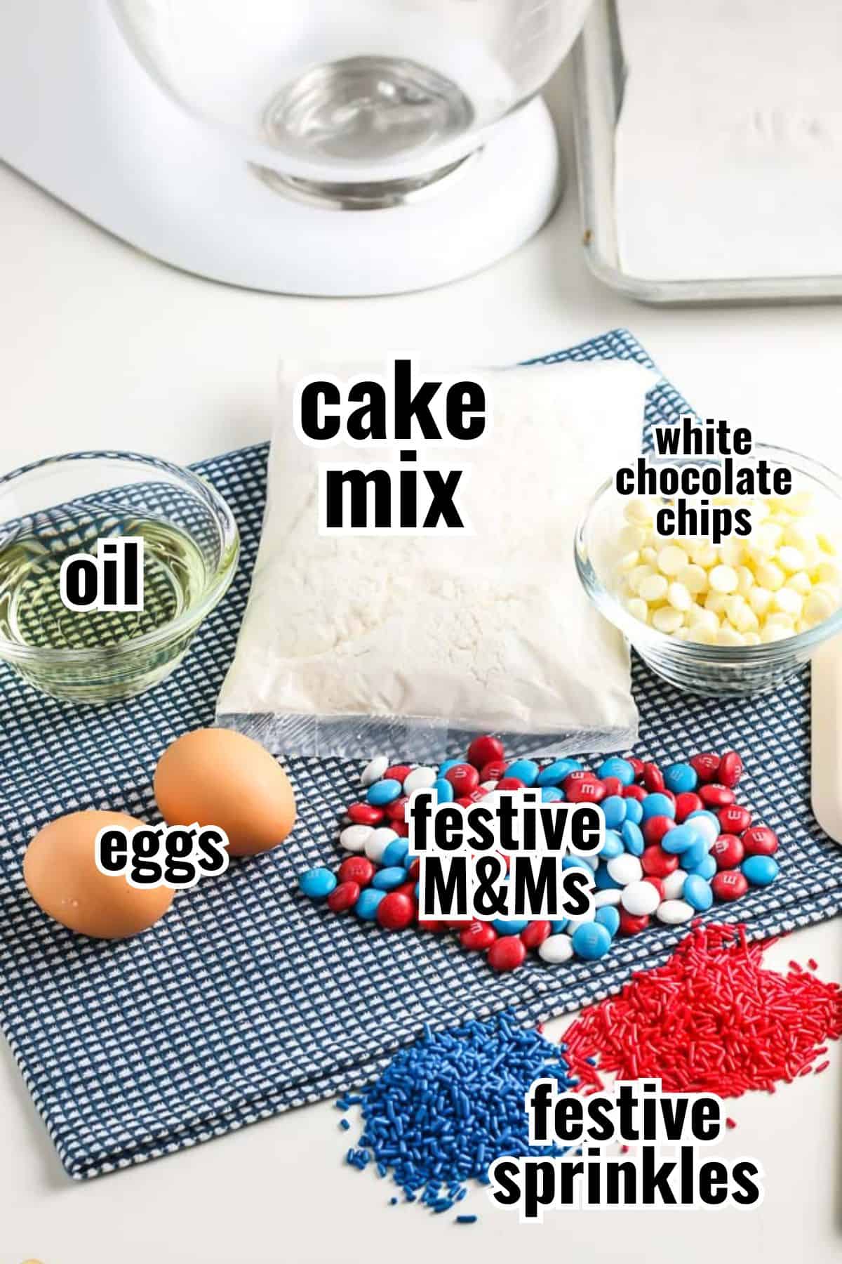 ingredient for cake mix cookies with text overlay labeling them