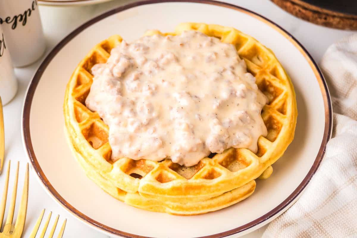 overhead picture of waffle with pork gravy on it